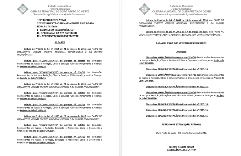 12ª Sessão Extraordinária - 29/03/2016